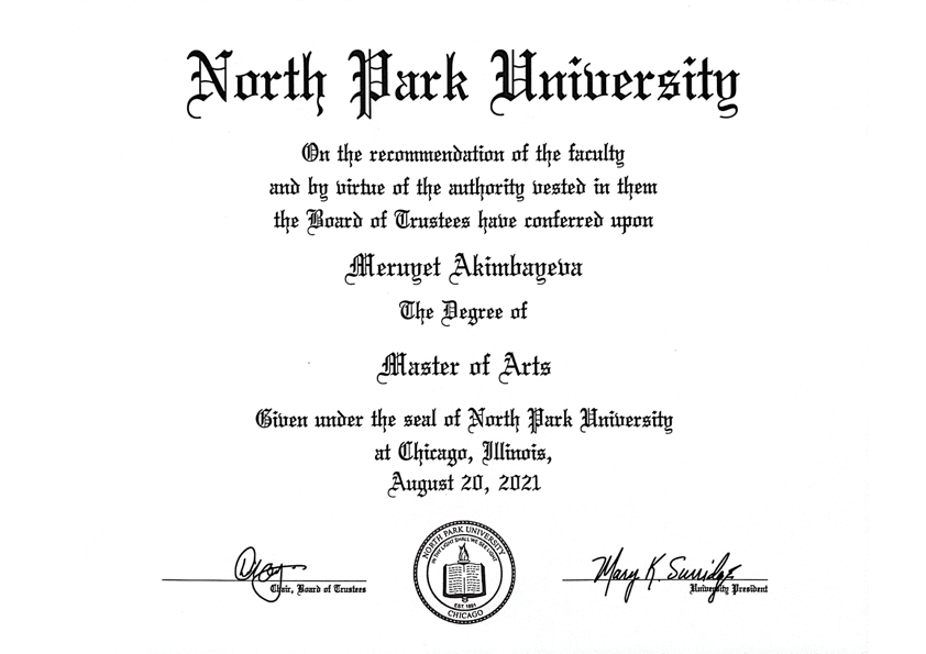 Master's Degree in Counseling Psychology, North Park University, Illinois, USA